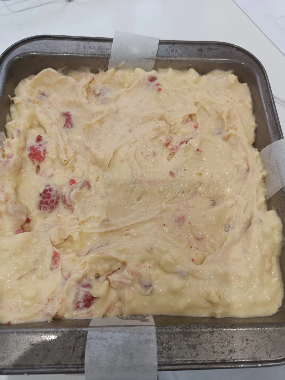 Raspberry and white chocolate blondies ready for the oven...
